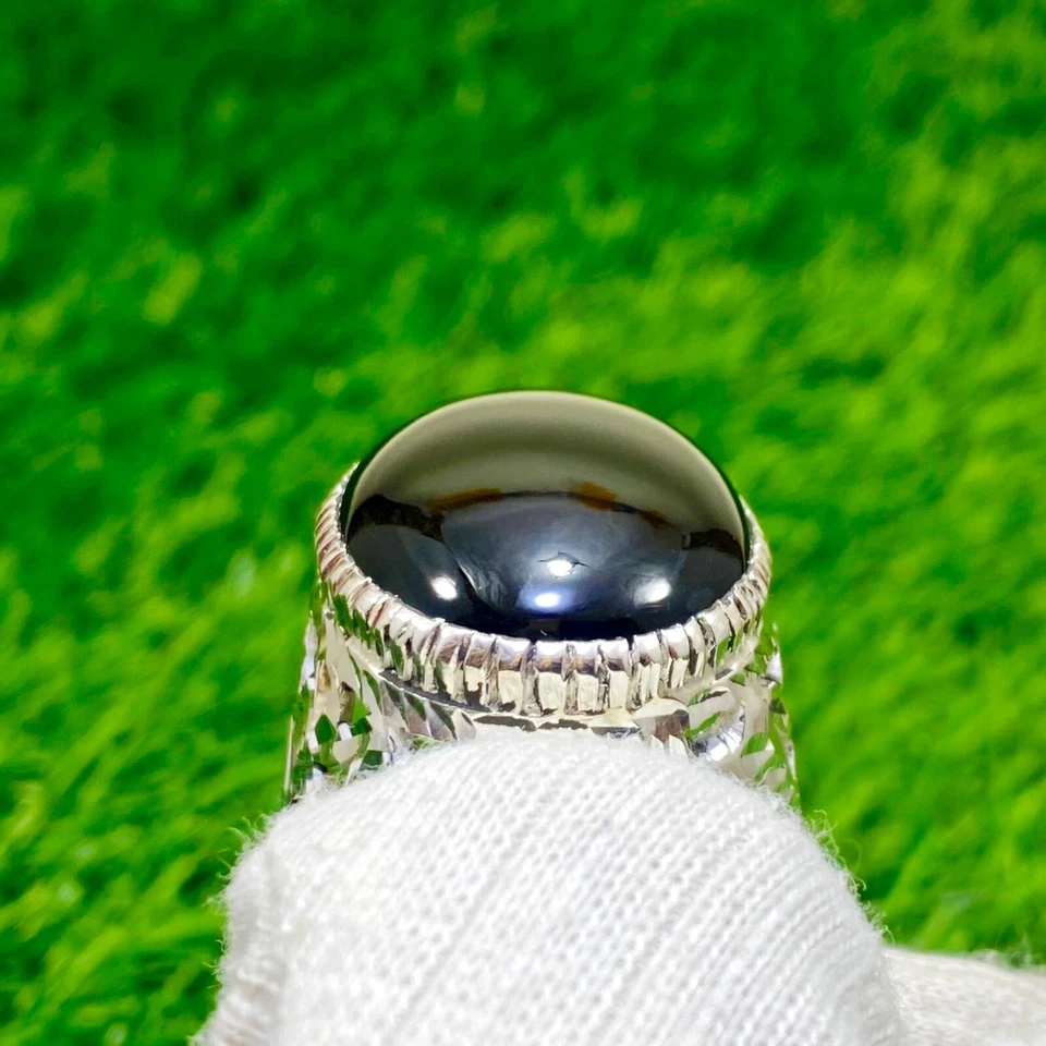 Anillo Aqeeq Yemení Natural Negro Aqeeq Hombres Anillo de Plata Hombres Anillo de Piedra Negra Foto 2 de 4