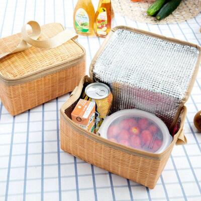 Portable Wicker Rattan Outdoor Camp Picnic Bag Tableware Food Container Basket