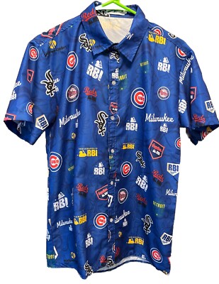 MLB Baseball All Over Print Team Logos Blue Hawaiian Shirt Mens Size Small
