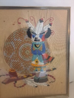 Embroidery Art Framed Lot Of 2 Navajo Cactus Dream Catcher & Waved Kachina pipe