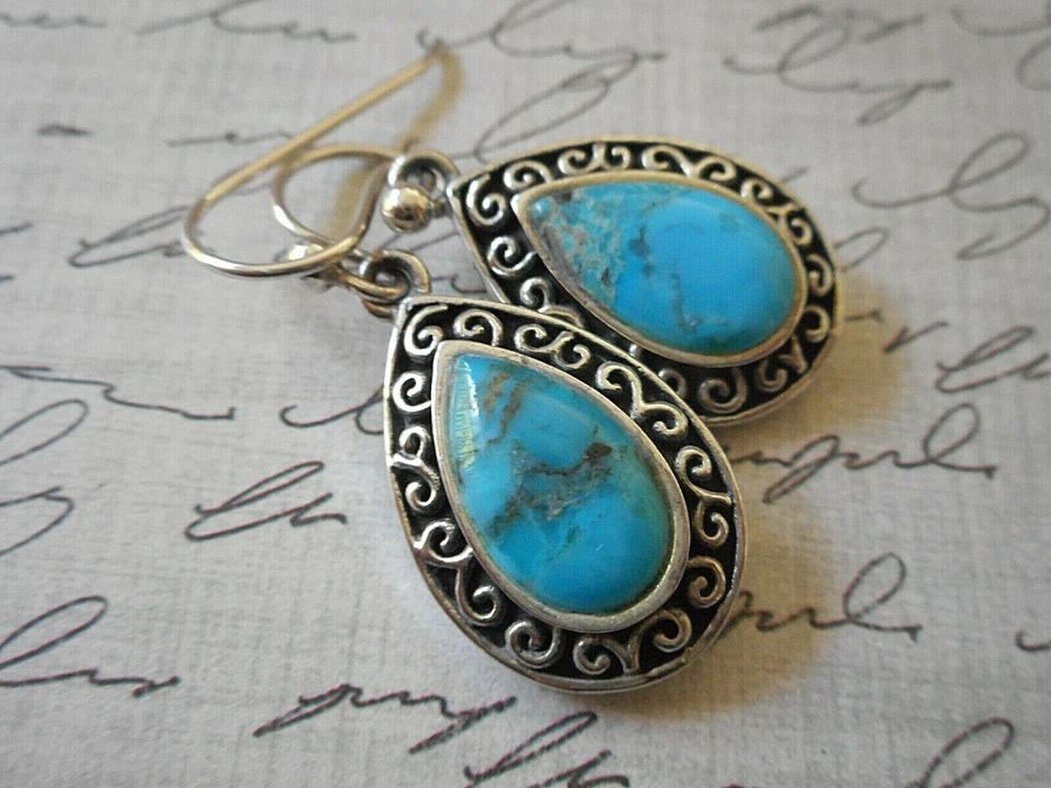 Pendientes colgantes Barse plata esterlina borde lágrima turquesa 14NK12 Foto 4 de 4