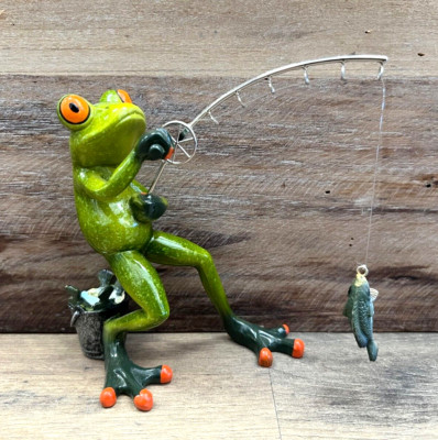 Frog Fishing Resin Figurine, 6'' x 5''