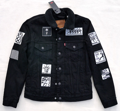 LEVIS Premium Big E Sherpa Trucker Rare Patch Battle Jacket Denim Black Mens XS 