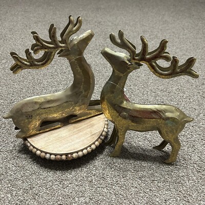 NWT Pair Of Gold Color Metal Reindeer Decor One Standing One Lying