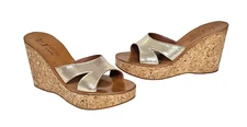 K JACQUES ST. TROPEZ Atami Gold Leather Cork Wedge Slide Sandals Sz 9