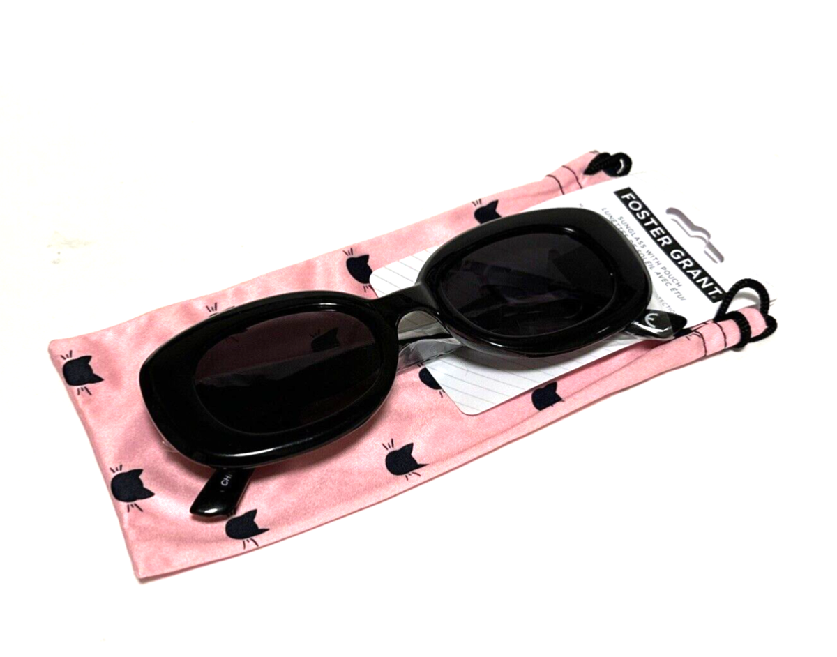 NEW Foster Grant SUNGLASSES Glossy Black Oval Retro Plastic Pink