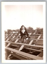 Vtg B&W Snapshot Woman On Bleachers Smiling Outfit 1949
