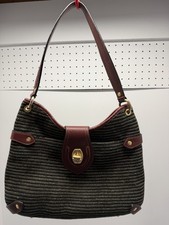 Eric Javits New York Shenia Brown Gold Woven Leather Trim Turn Lock Handbag