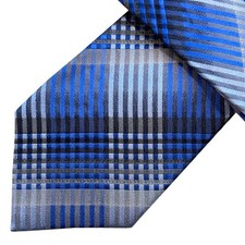 GEORGE Men's Modern Plaid Tie   100 Silk   blue, black, gray