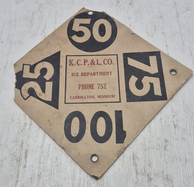 Vintage K.C.P. & L. Ice Department Delivery Paper Cardboard Sign Card Missouri