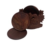 Handcrafted Wooden Coaster Set with Holder – 6 Round Floral Carved Coasters UK