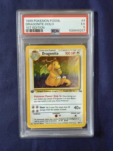 1999 Pokemon Fossil Dragonite Holo 1st Edition #4, PSA 5