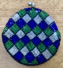 1960 s VTG Round Beaded Coin Purse, 3 1/2 Diameter, Diamond Pattern, Korea