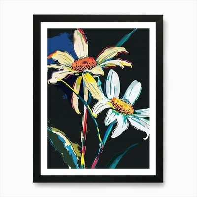 Neon Flowers On Black Oxeye Daisy 2 Framed Wall Art Poster Canvas Print Picture