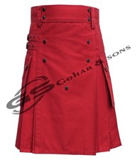 Scottish Handmade Kilt For Men's Red Cotton Utility Kilt Custom Size Hybrid Kilt