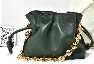 LOEWE Flamenco Nano Khaki Green Leather Bag w/ Gold Donut Chain Strap 2Way