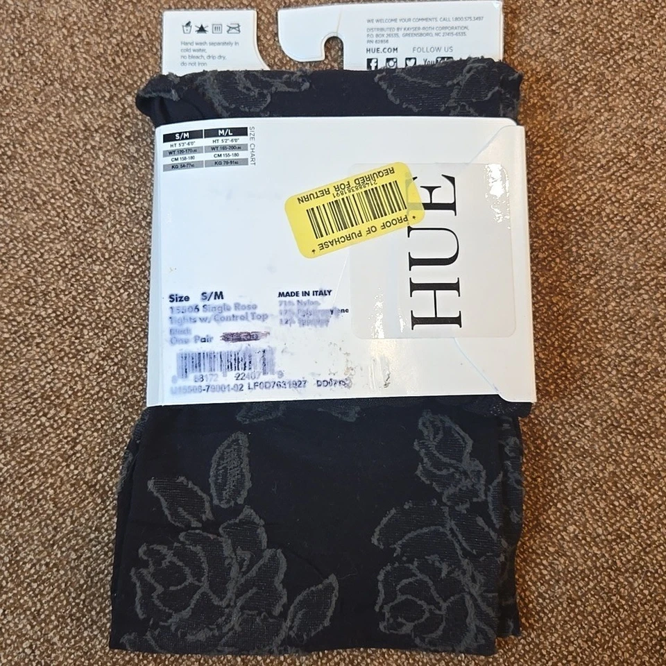 ONE PAIR of Hue Black Floral Rose Tights w Control Top NWT Whimsigoth Size S/M - Image 2 of 4