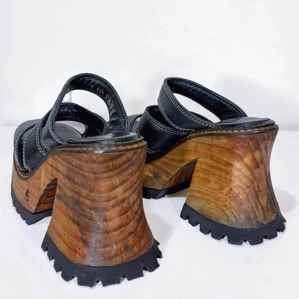 Vintage 90’s LONDON UNDERGROUND CHUNKY PLATFORM SANDALS 9 Mules Y2K Wood - Image 4 of 4