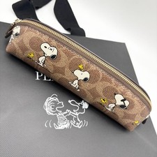 COACH x PEANUTS Snoopy Signature Canvas Pencil Case Tan Brown CBT17 IMY3O Auth