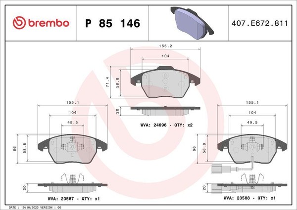Brembo P 85 146X Bremsbelagsatz, Scheibenbremse FüR Audi Seat Skoda VW-image
