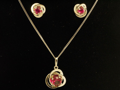 585 Weissgold SET Knoten Kette mit Ohrstecker 14 Karat mit Zirkonia rubin