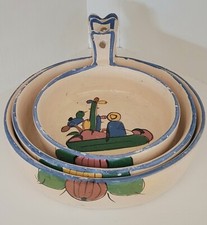 Vintage  Mexican Tourist Trade Pottery Nesting Bowls Pans w/ Handles -Set of 3