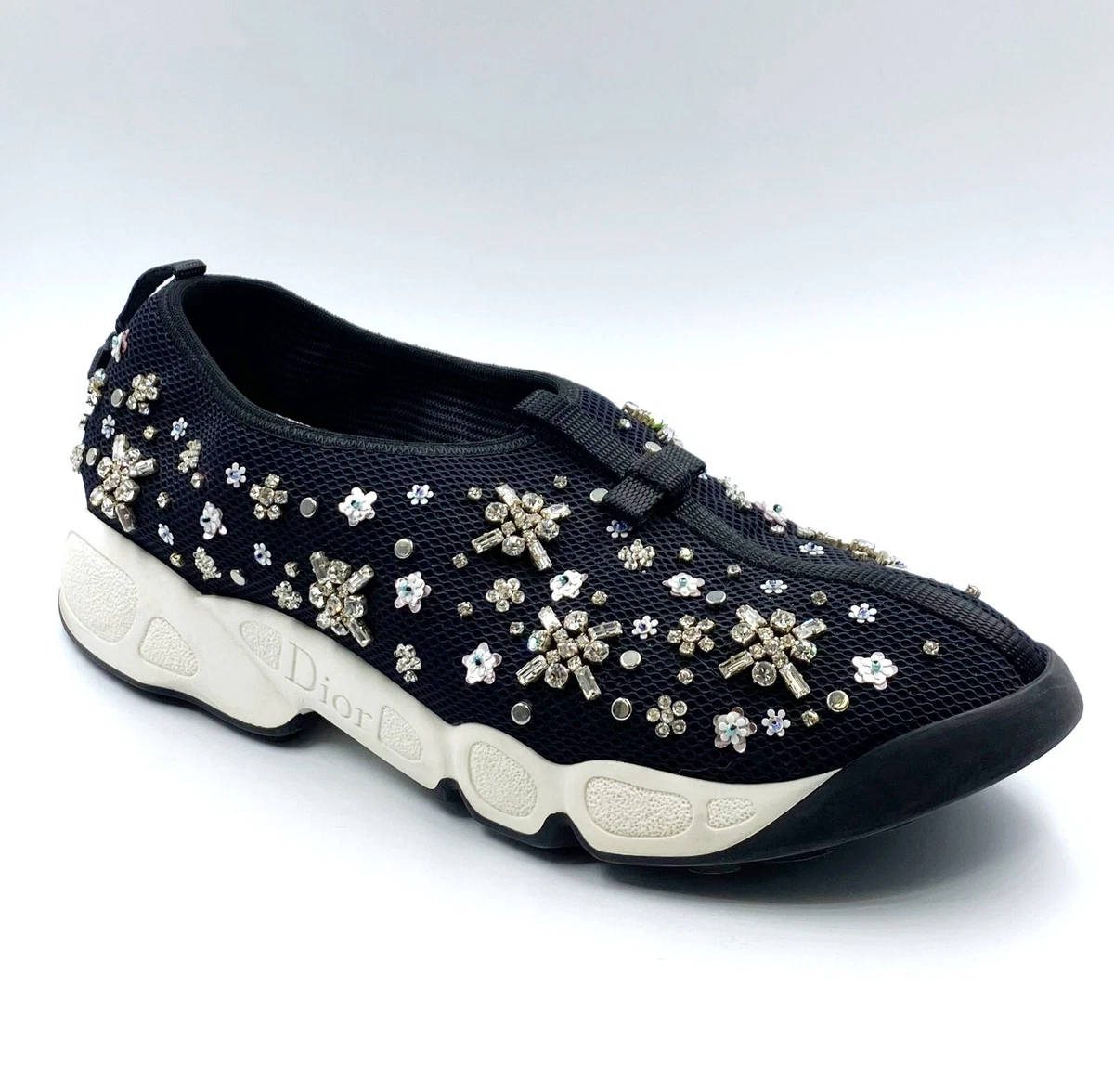 DIOR Black Floral Crystal Embellished Mesh Fusion Slip On Sneaker 40 10 Low  Top