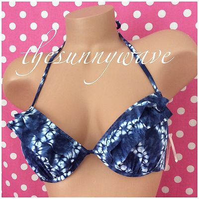 Victorias Secret Blue Ink Blot Tie Dye The Tease Flounce Halter Bikini Top 32D