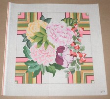"Peonies" Flower Display w/ Colorful Border Handpainted Needlepoint Canvas