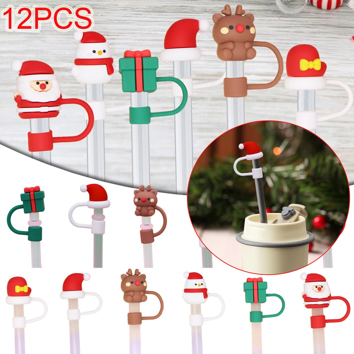 Christmas Straw Cover Caps 12PCS Xmas Style Silicone Straws Tips Cover  Reusable