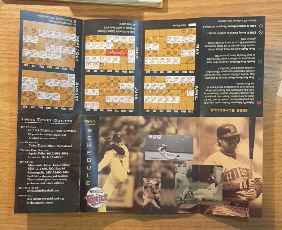 1999 MINNESOTA TWINS BASEBALL SCHEDULE RADKE PLAYER COLLAGE TWINS 1999-minnesota-twins-baseball-schedule-radke-player-collage-twins