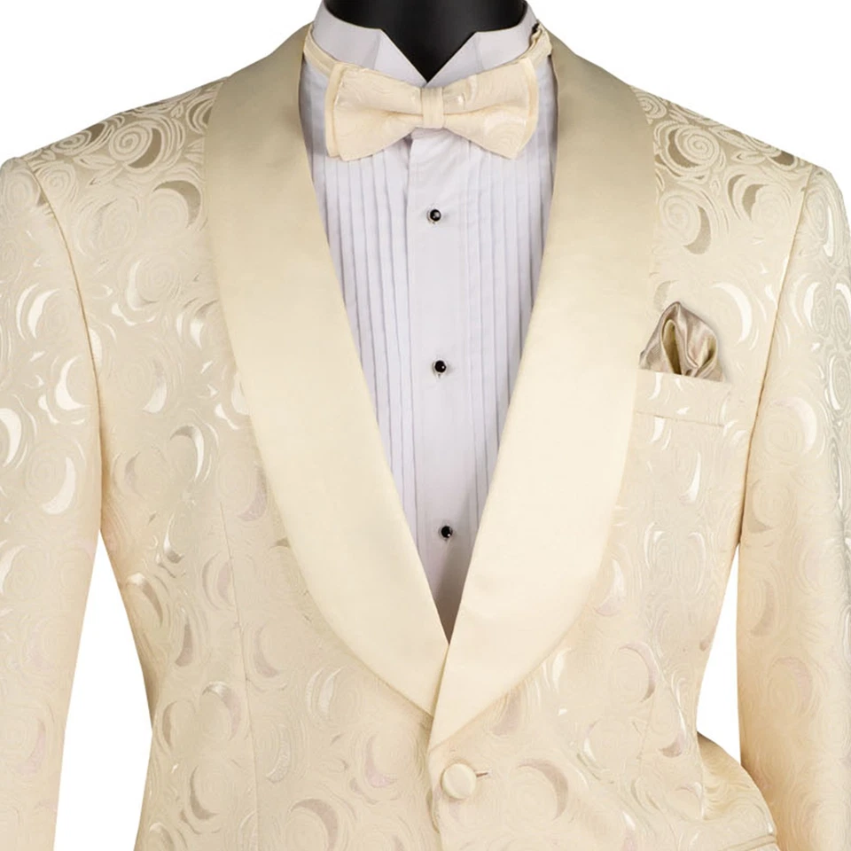 Chaqueta de Esmoquin VINCI Para Hombre Champagne Floral Jacquard Cuello Chal con Pajarita - NUEVA Foto 2 de 3