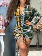 Long sleeve Plaid Drawstring Dress