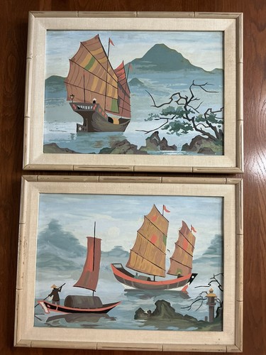 Lot 2 Vintage 1970s Framed Original Oil Painting Paint By Number Chinese Boat