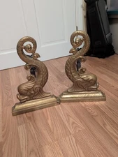 Pair Of  Brass Dolphin Fireplace Andirons With Log Holders
