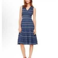 TORY BURCH Sz 6 Smocked Striped Midi Classic Casual Textured Denim-Tone V Neck