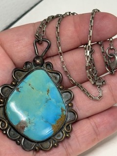 Sterling Silver 925 Huge Turquoise Pendant Signed NG Navajo 18” Box Chain NR