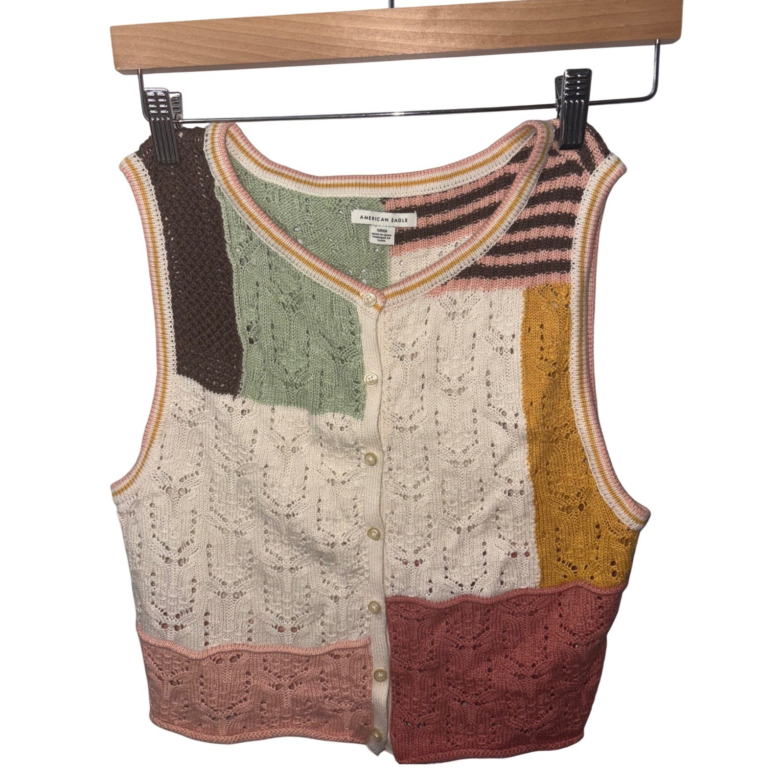 American Eagle Patchwork Knit Vest Small Crochet … - image 1