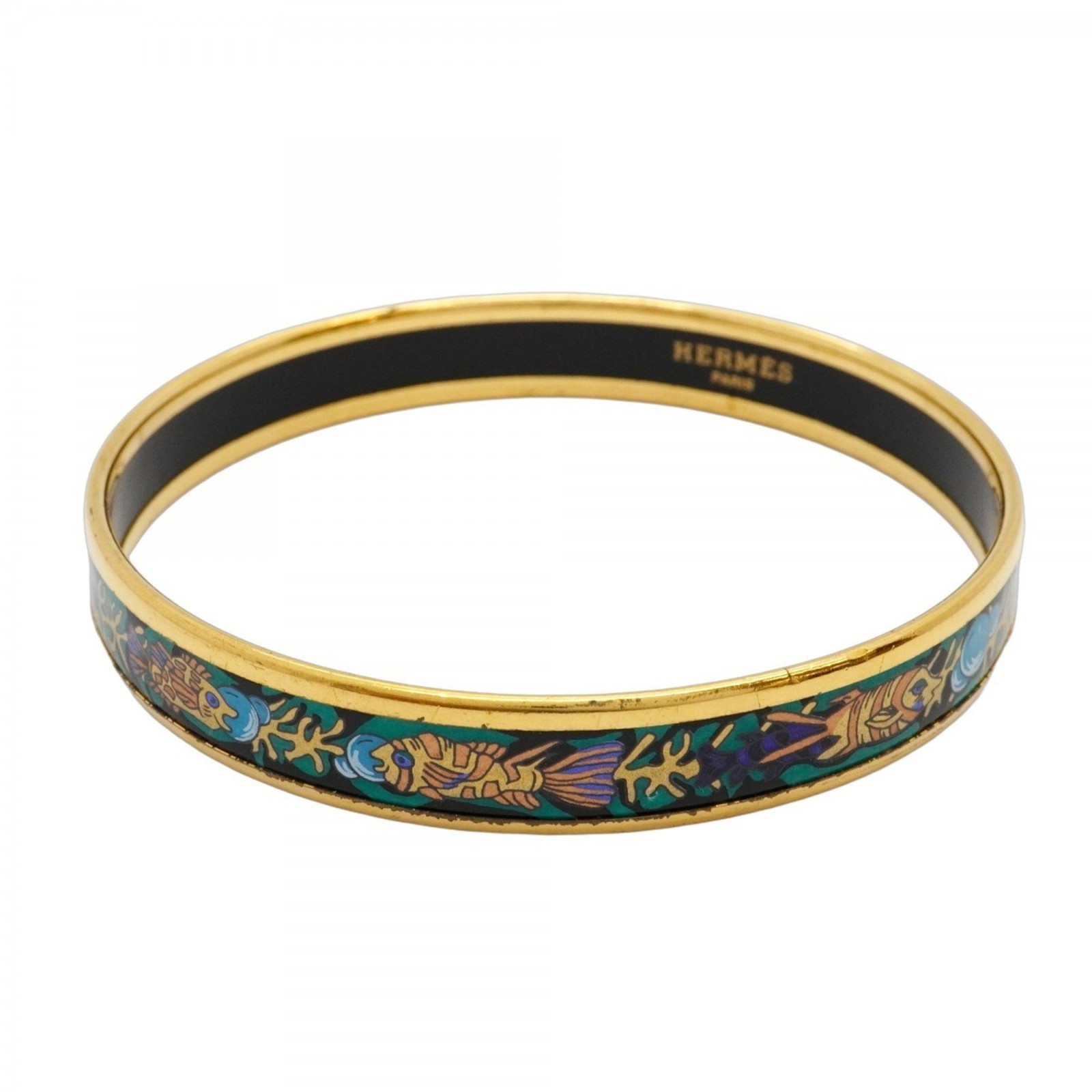 Hermes Enamel Cloisonne Gold Plated Black Multicolor Bangle-image
