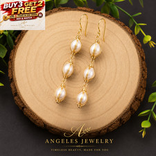 Natural Freshwater Pearl Triple Drop Dangle Earrings 18K Gold Plated Boho Gift