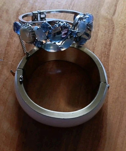 Two Vintage Costume Jewelry Cuff  Bracelets 7"  Iridescent Jewels