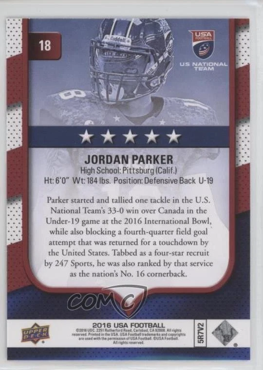 2016 Upper Deck USA Football USA U19 Flag Wave Jordan Parker #18 - Image 2 of 2