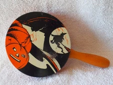 Vintage TC Cohn Halloween Tin Noisemaker Flying Witch JOL Orange Wood Handle