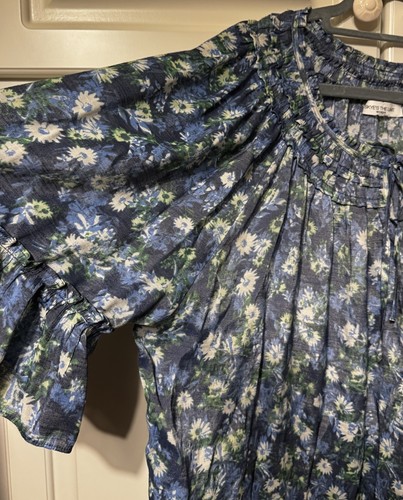 VALERIE 3/4 Flared Sleeve BLUE/WHITE Floral Chiffon String Tie Tunic Blouse 5XL - Bild 3 von 12