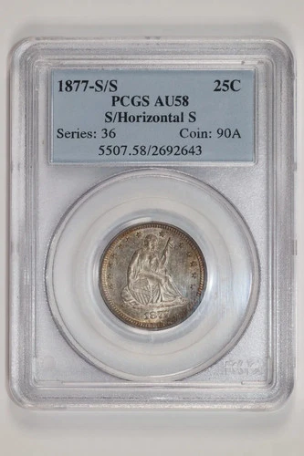 New Listing1877-S S/HORIZONTAL S SEATED LIBERTY QUARTER PCGS AU58 PQ!!