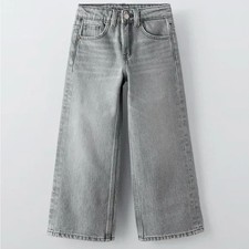 ZARA Jeans Kids Size 9 Gray Wide Leg Denim Pants Adjustable Waist