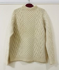 Vintage Aran Cable Hand Knit Jumper Beige Crew Neck Sweater Fisherman