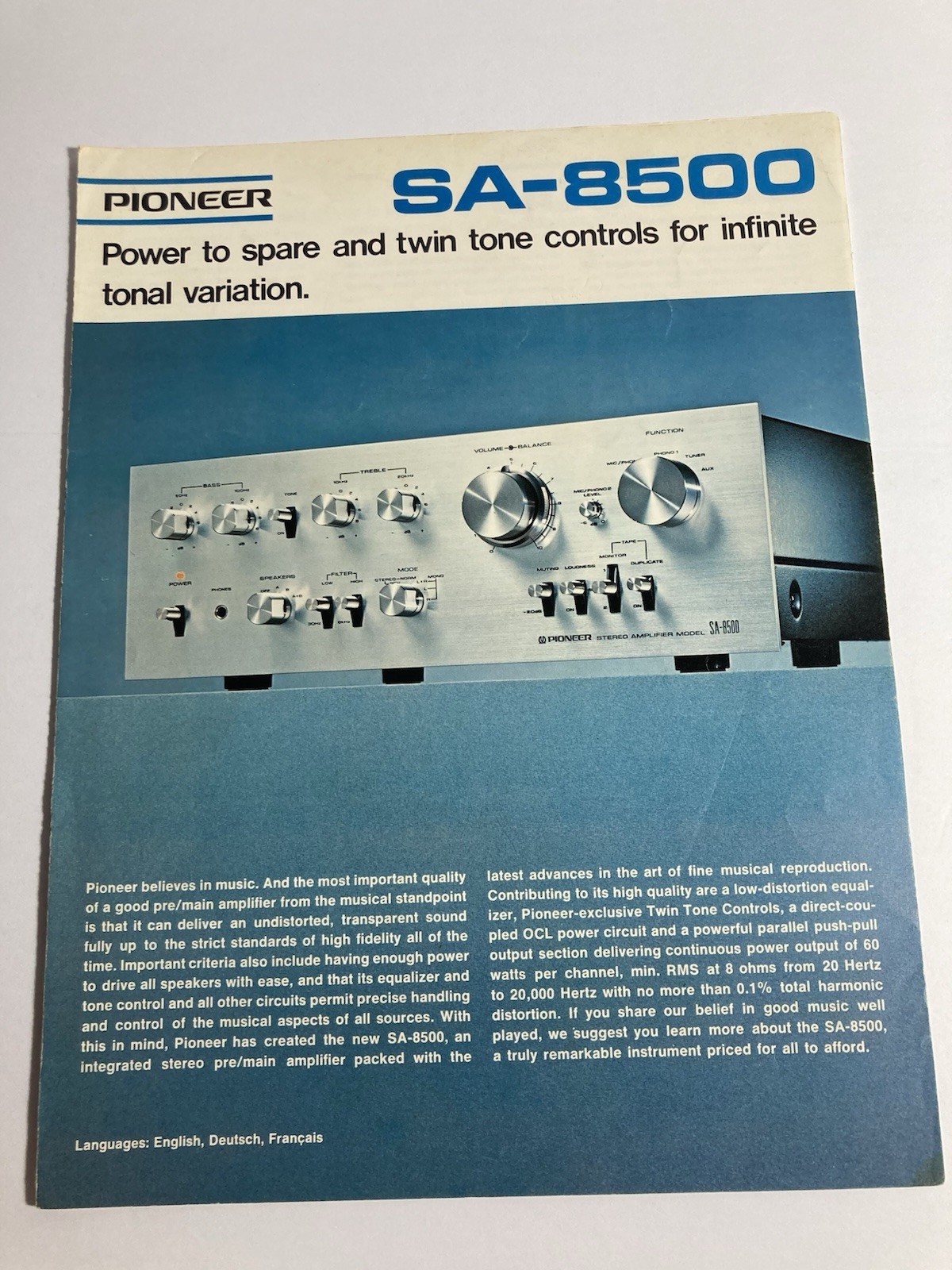 Original Pioneer SA-8500 Integrated Amplifier Brochure - Genuine Pioneer NO HOLE