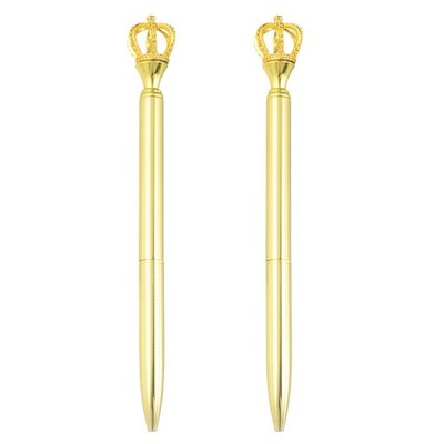 Crown Ballpoint Pen, 2 Pcs 1.0mm Black Ink Metal Pen with Crown Top, Gold Plated