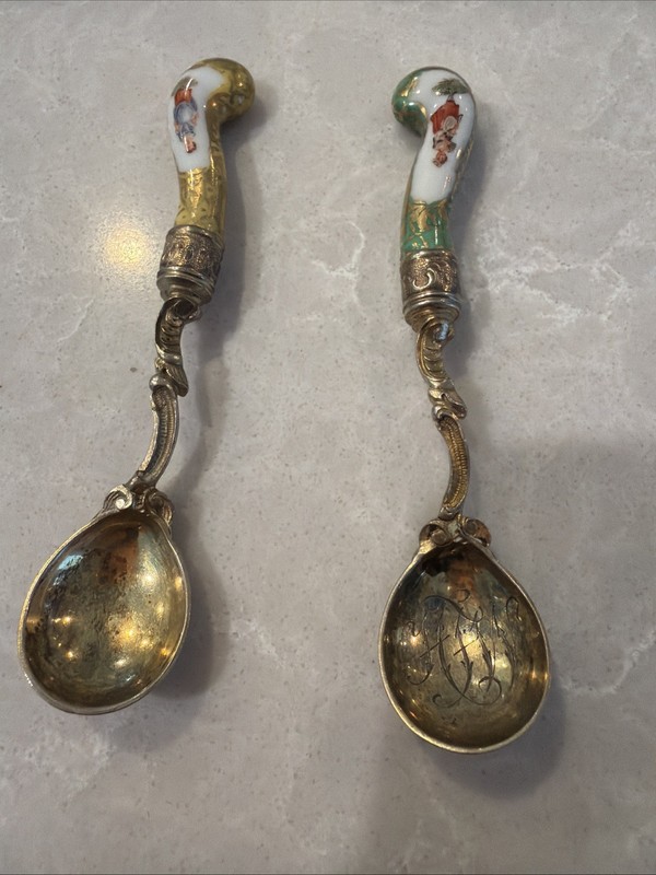 Vintage French Meissen Style Porcelain Handled Gilt Silver Spoons Pair  F15